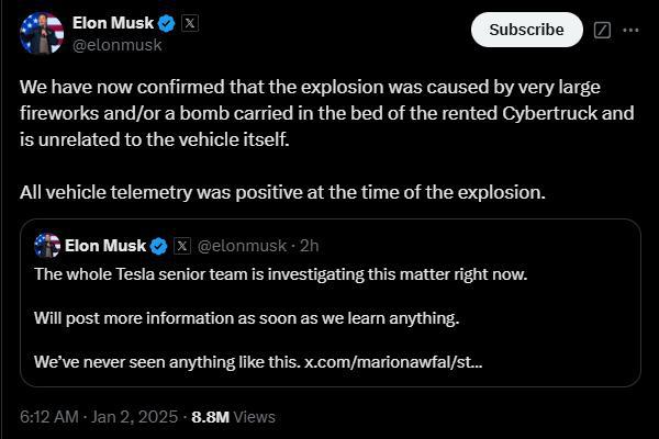 Las Vegas Tesla Truck Blast Kills 1, Injures 7